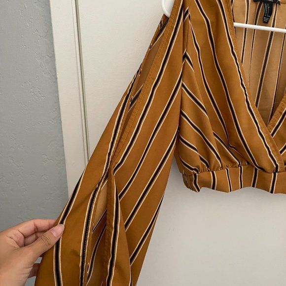 Forever21 Mustard Yellow Striped Long Sleeve Crop Top - Picture 2 of 2